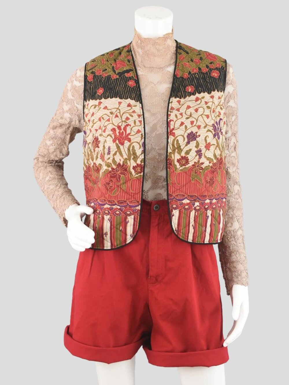 Vintage 80s Red & Black Quilted Open Front Floral Vest Women's Small